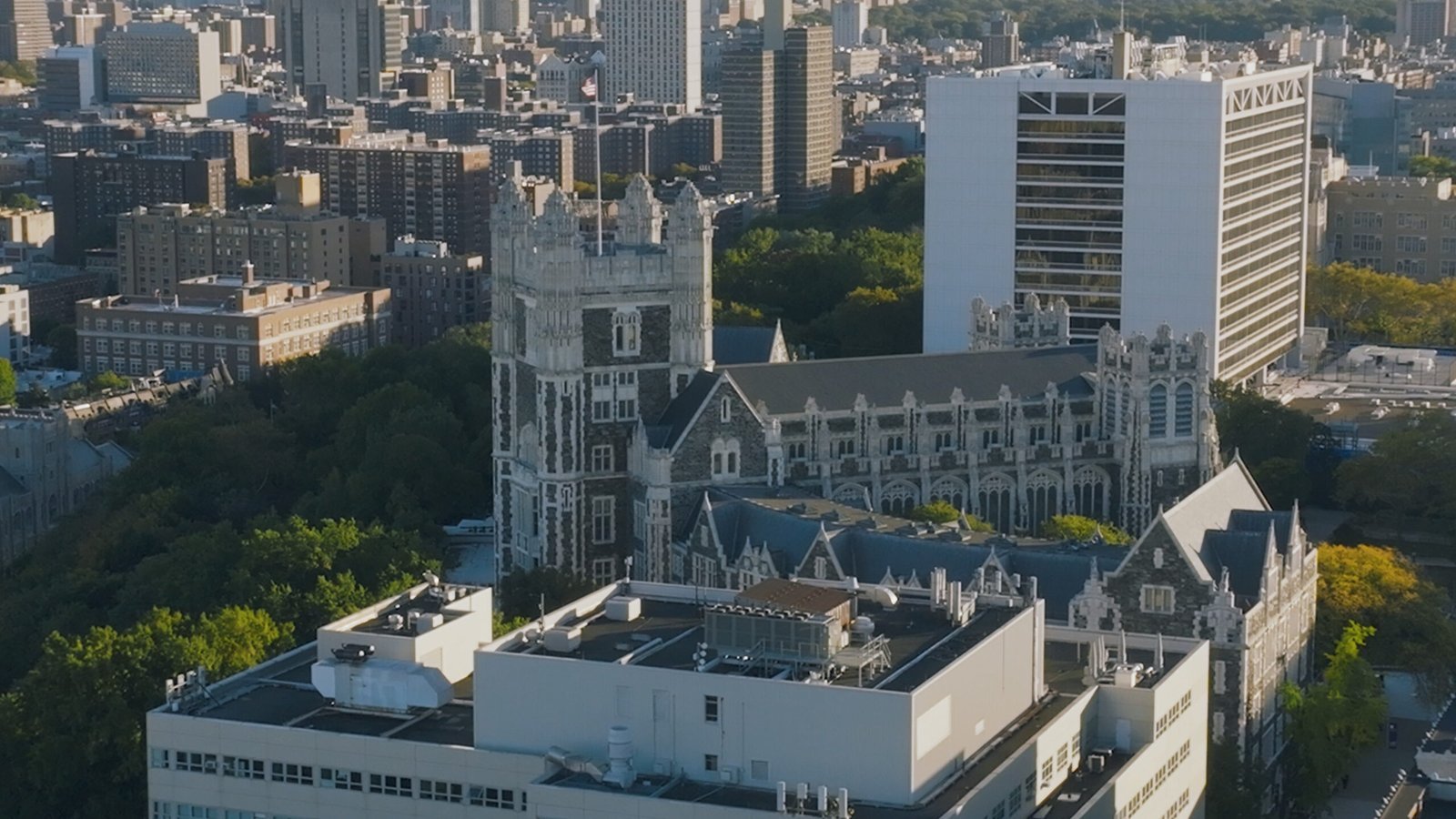 Aerial drone shot of Shepard Hall at the City College of New York in Harlem, from the Jons Dojo documentary